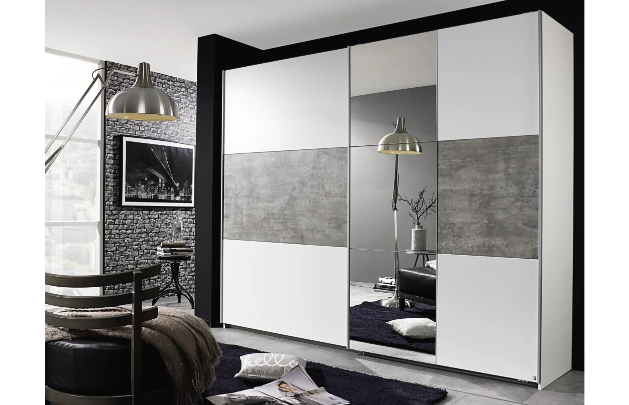 Šatní skříň Prenzlau, 218 cm, bílá/šedý beton