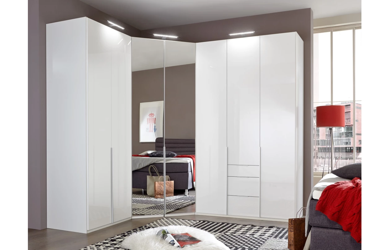 Šatní skříň New York D, 225 cm, bílá/bílý lesk