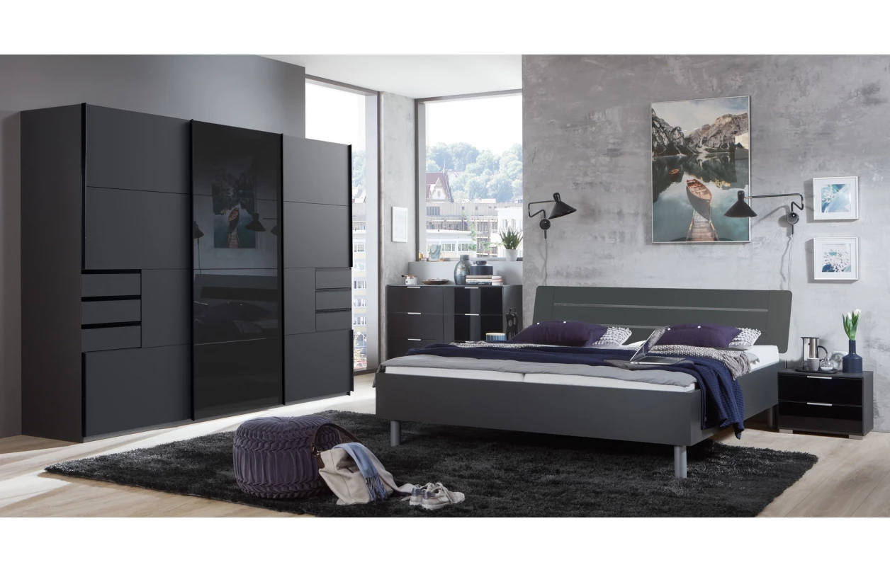 Šatní skříň Easy Plus, šířka 270 cm/extra výška 236 cm, grafit/sklo 1