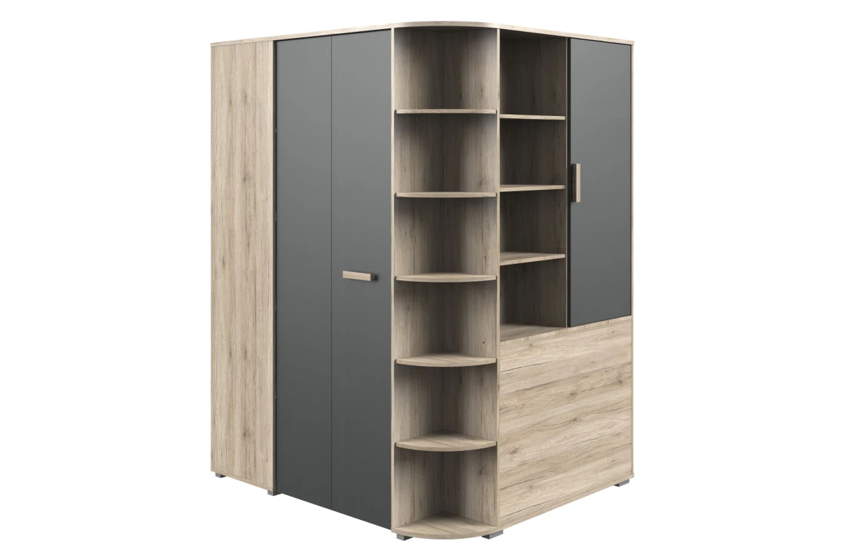 Rohová šatní skříň Cariba, dub san remo/bílá