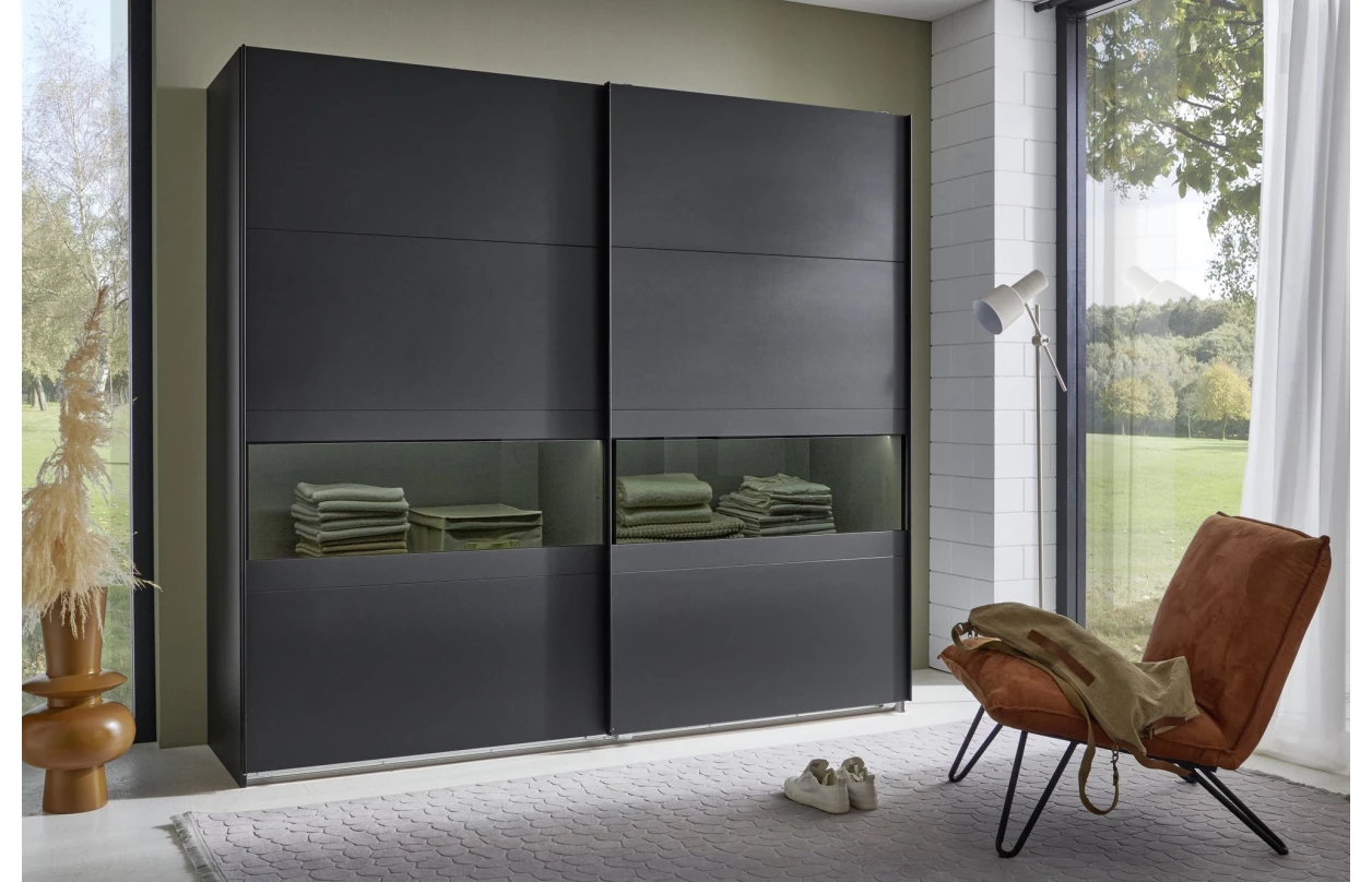 Šatní skříň Easy Plus, šířka 270 cm/výška 208 cm, grafit/sklo 30