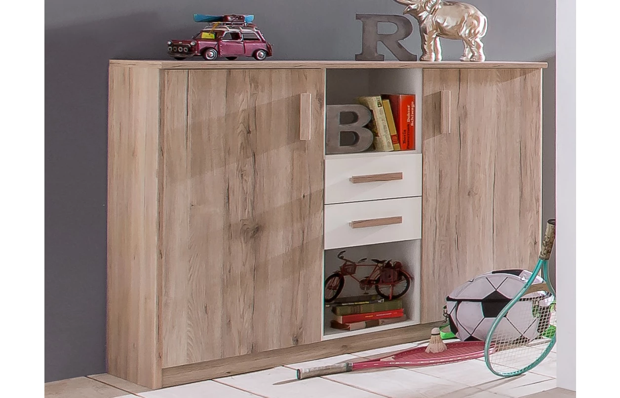 Šatní skříň se zrcadlem Cariba, 135 cm, dub san remo/bílá