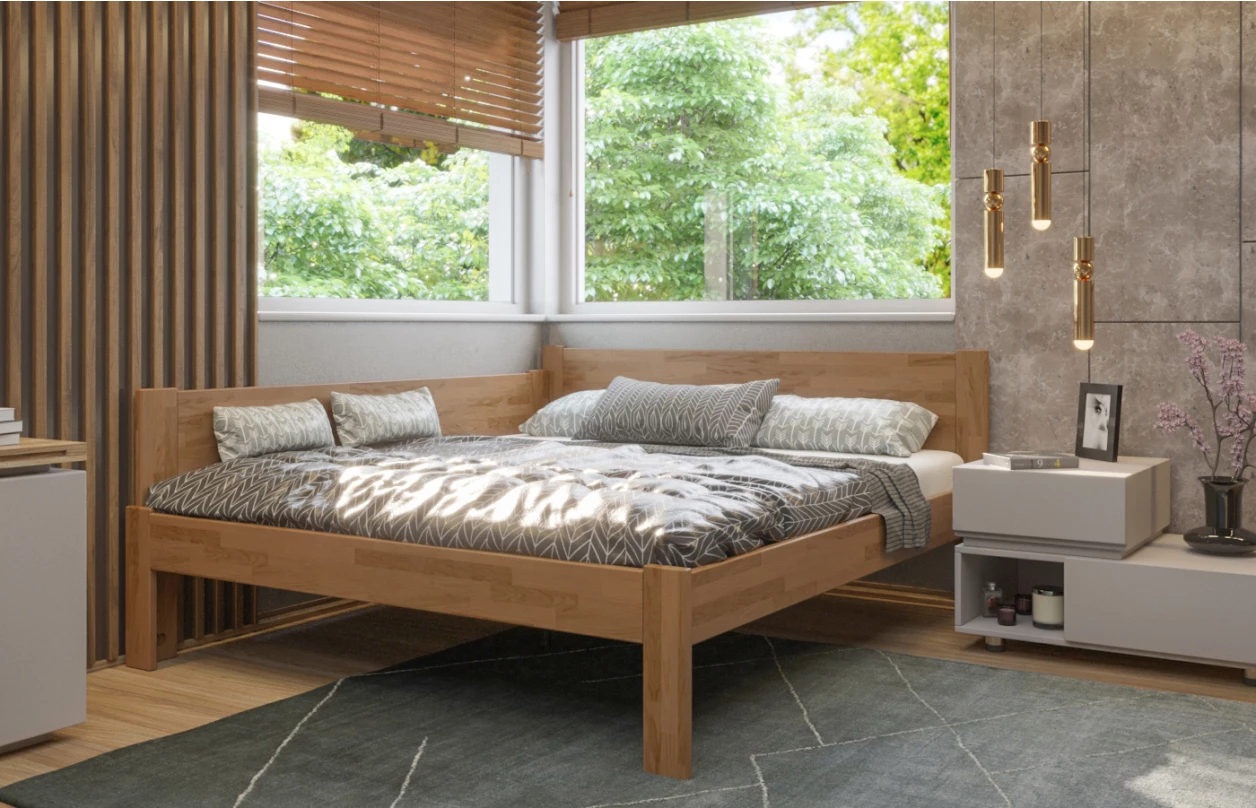 Rohová postel se zástěnou vlevo Fava L 180x200 cm, přírodní buk