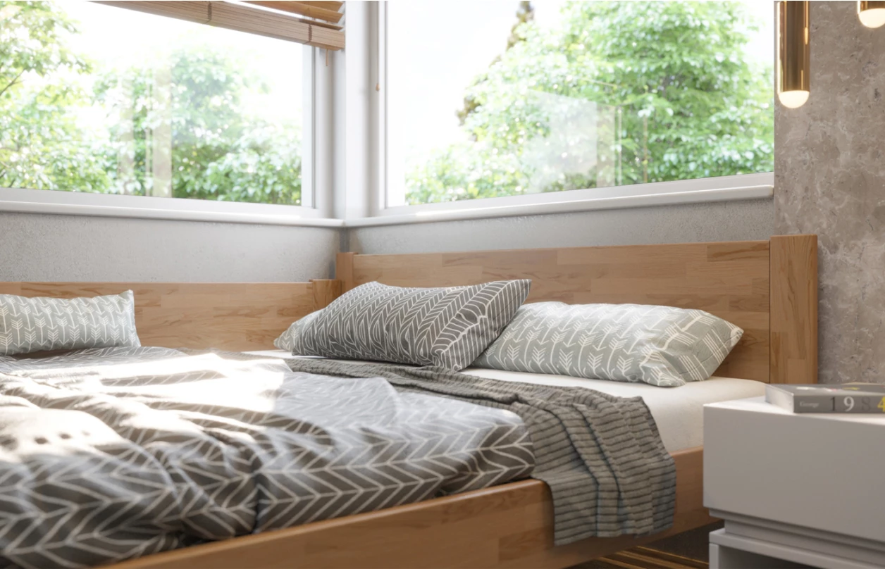 Rohová postel se zástěnou vlevo Fava L 180x200 cm, přírodní buk