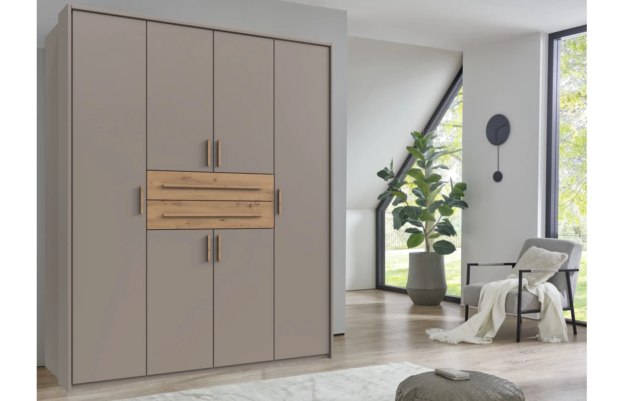 Šatní skříň se zásuvkami Digit, 225 cm, béžová kašmír/dub artisan 1