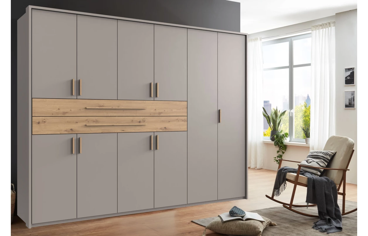 Šatní skříň se zásuvkami Digit, 225 cm, béžová kašmír/dub artisan 9