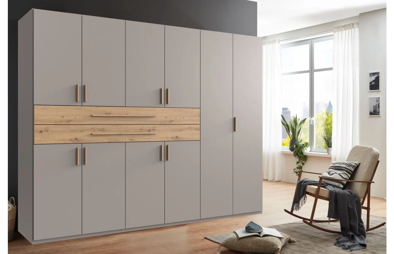 Šatní skříň se zásuvkami Digit, 225 cm, béžová kašmír/dub artisan 10