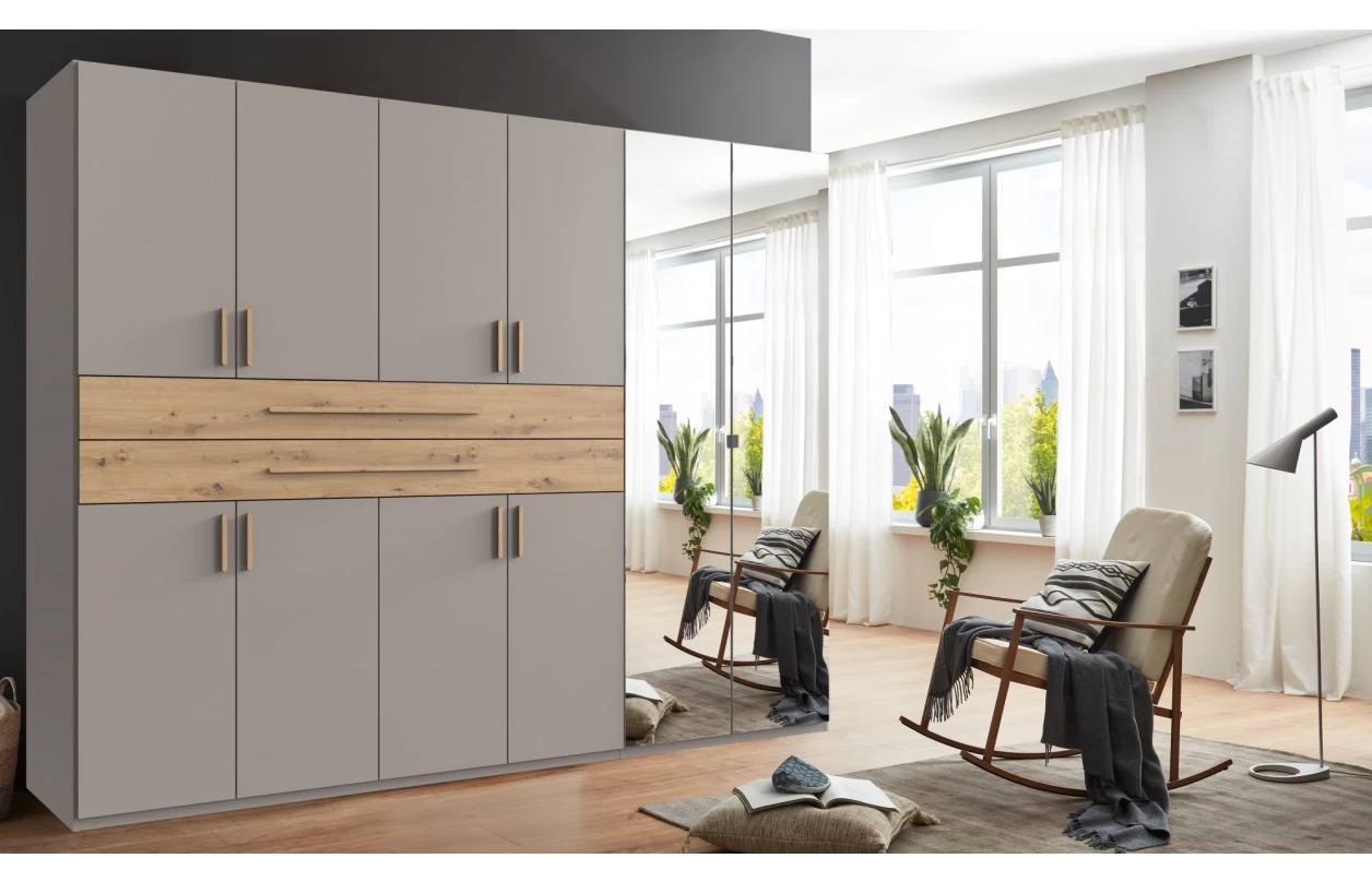 Šatní skříň se zásuvkami Digit, 225 cm, béžová kašmír/dub artisan 14