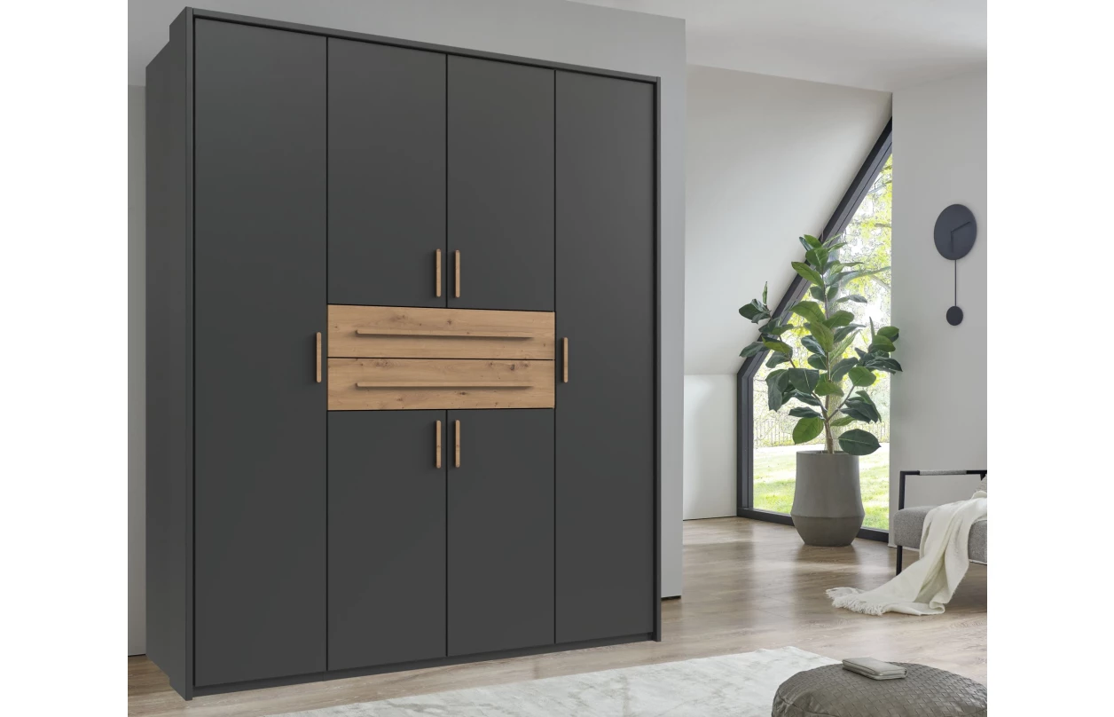 Šatní skříň se zásuvkami Digit, 225 cm, béžová kašmír/dub artisan 91
