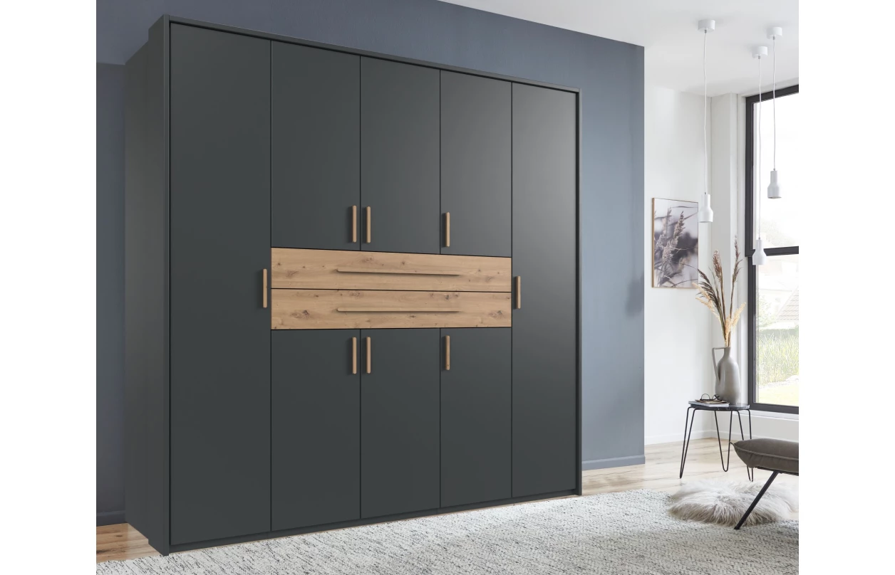 Šatní skříň se zásuvkami Digit, 225 cm, béžová kašmír/dub artisan 93