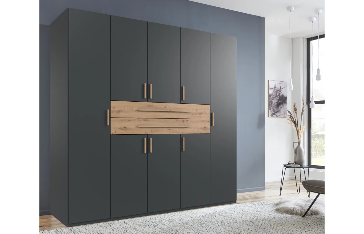 Šatní skříň se zásuvkami Digit, 225 cm, béžová kašmír/dub artisan 94