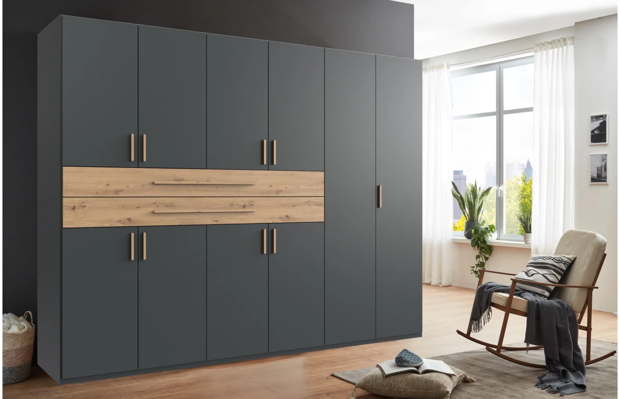 Šatní skříň se zásuvkami Digit, 225 cm, béžová kašmír/dub artisan 100