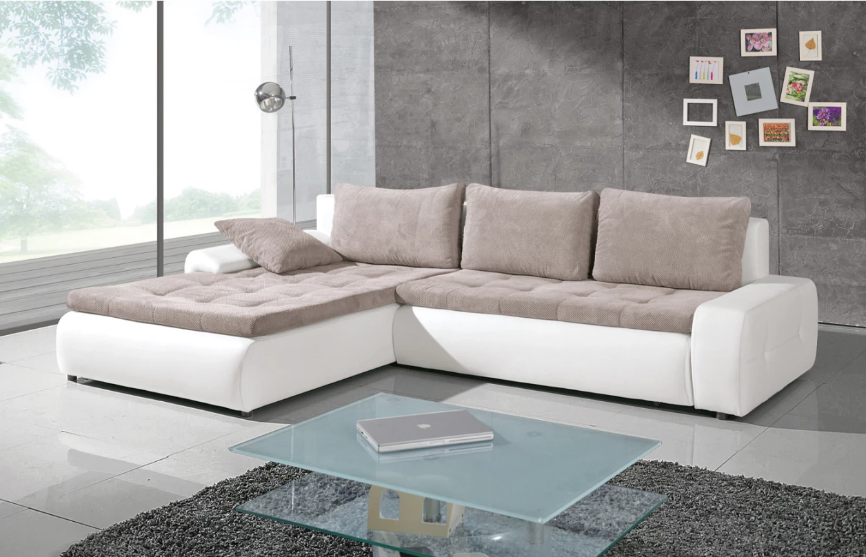 Rohová sedací souprava Galileo, bílá ekokůže/šedo-béžová látka