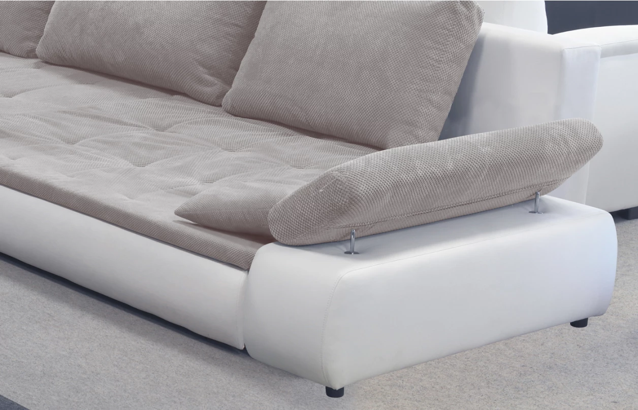 Rohová sedací souprava Galileo, bílá ekokůže/šedo-béžová látka