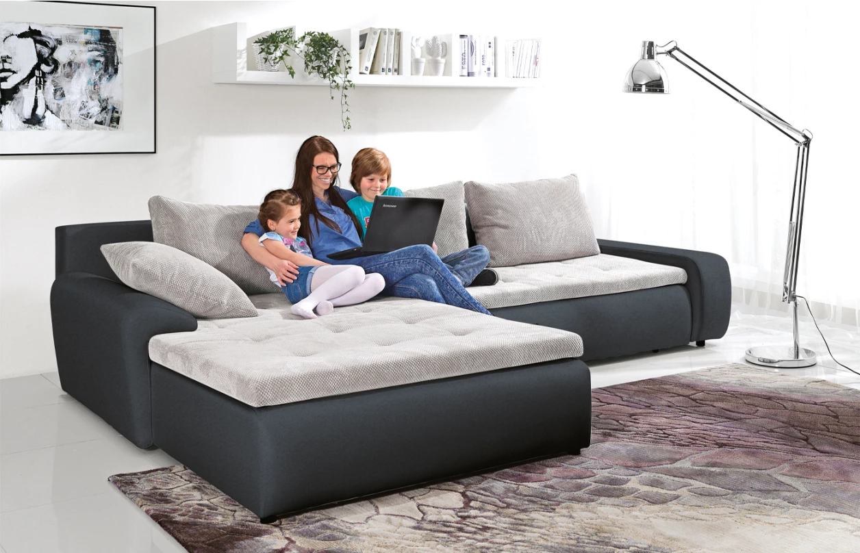 Rohová sedací souprava Galileo, bílá ekokůže/šedo-béžová látka