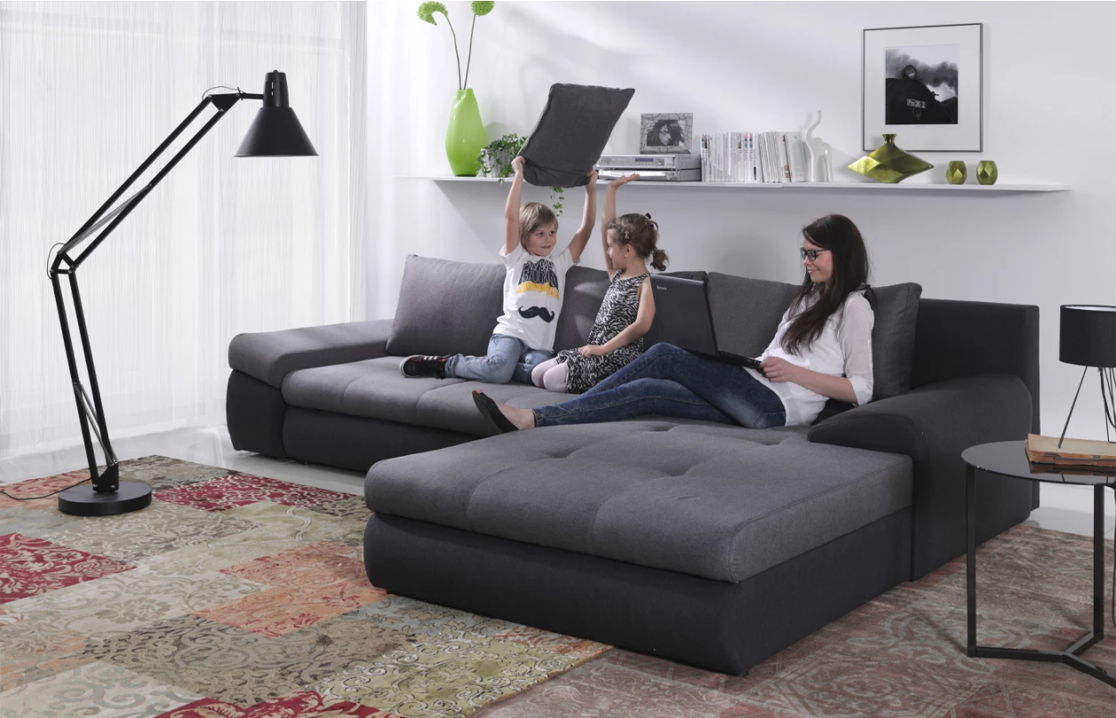 Rohová sedací souprava Galileo, bílá ekokůže/šedo-béžová látka