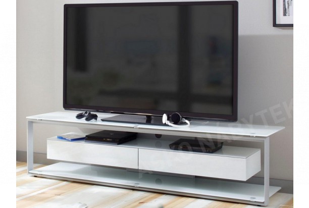 Široký TV stolek Typ, šedý kov/bílé sklo
