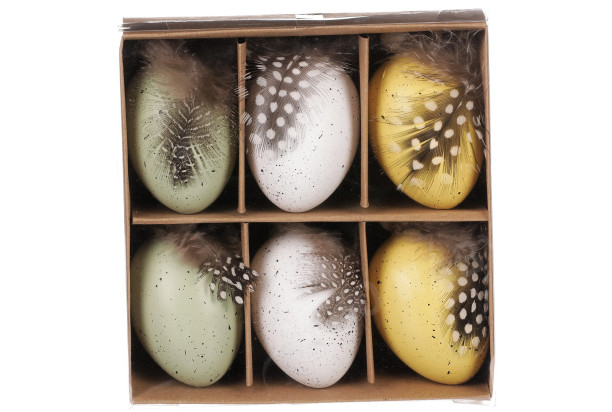 Velikonoční dekorace Vajíčka s pírkem (6 ks), žlutá/bílá/zelená