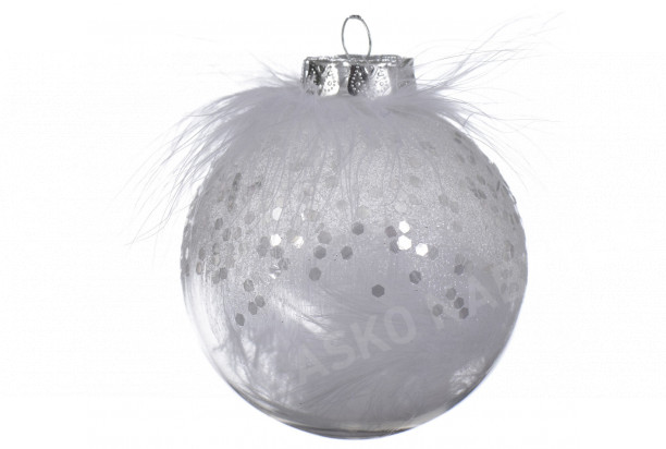 Vánoční ozdoba průhledná koule s peřím, 8 cm