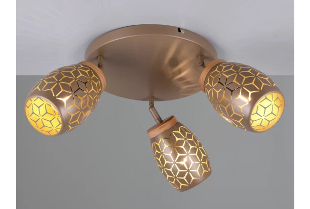 Stropní osvětlení Bidar, měděný kov/dřevo, 3 svítidla