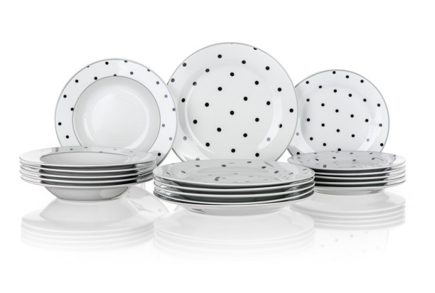 Sada talířů (18 dílů) Vanesa, bílá/černé puntíky