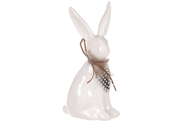 Velikonoční dekorace Soška zajíc s pírkem, 19 cm, bílá