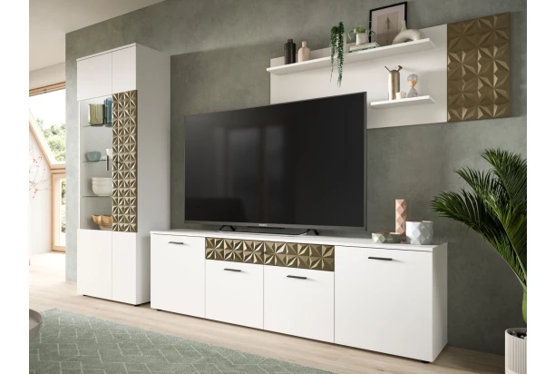 Obývací stěna Prismo, bílá/zlatá
