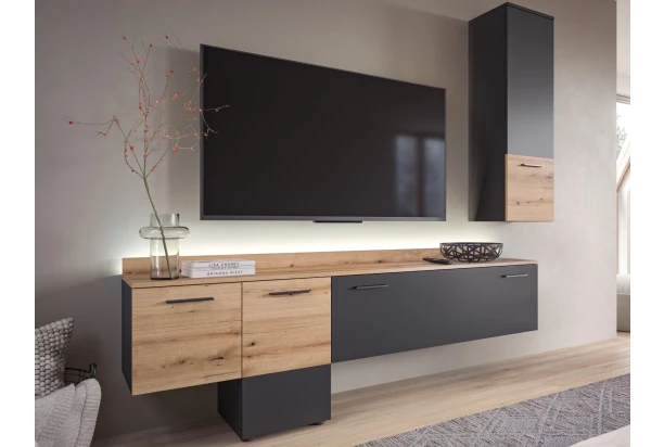 Obývací stěna s osvětlením Goul, tmavě šedá/dub evoke