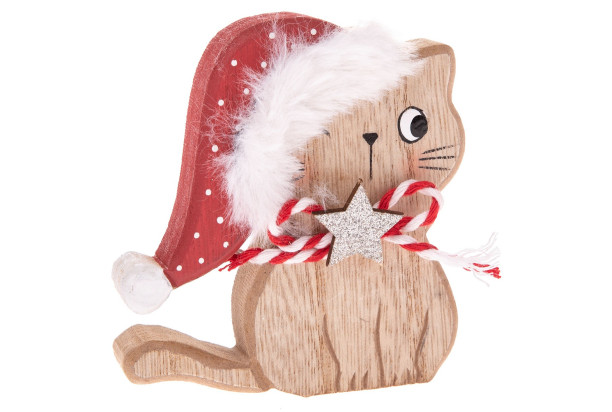 Vánoční dekorace Kočka s čepicí a hvězdou, 9 cm