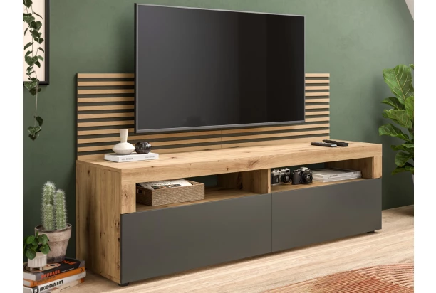 TV stolek s lamelovým panelem Okai, dub artisan/antracit