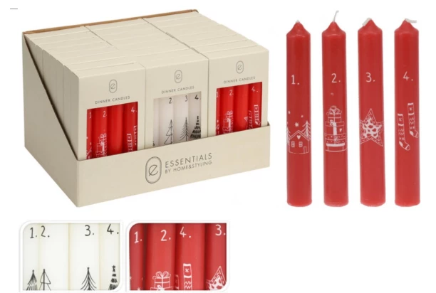 Vánoční svíčky (4 ks) Adventní čas, červená/bílá