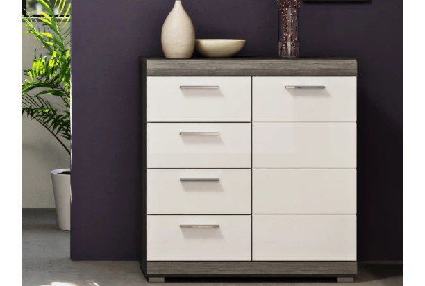 Komoda se 4 šuplíky Scout, 80 cm, šedý dub/bílá lesk