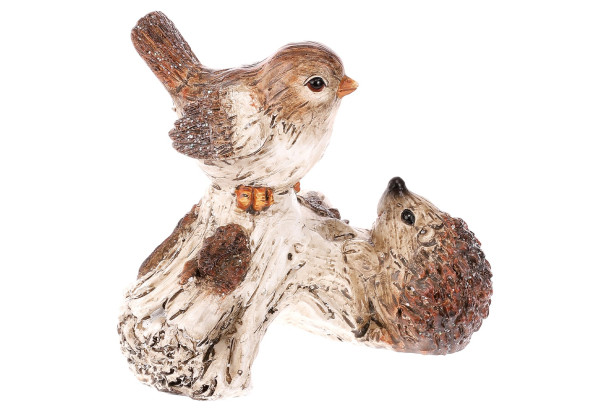 Dekorační soška Ptáček a ježek na větvi