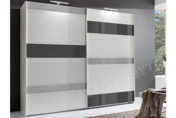 Šatní skříň Monaco, 225 cm, bílá/šedé sklo