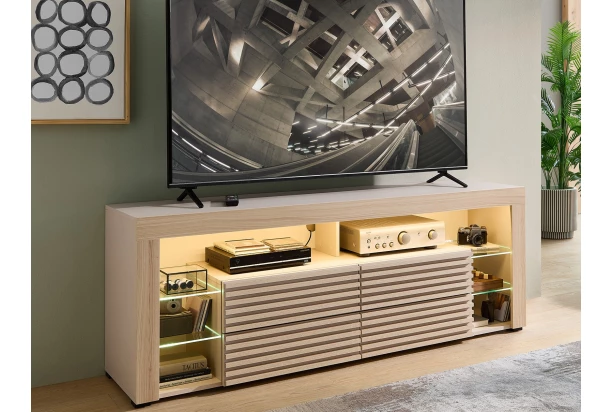 TV stolek Goal, béžová kašmír/dub riva, s osvětlením