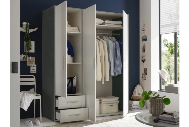 Šatní skříň Valencia,155 cm, optika šedého kovu/bílá