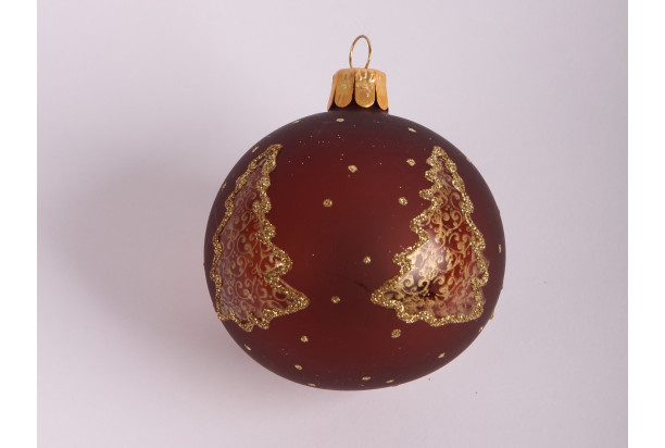Vánoční ozdoba Hnědá koule se stromečky 7 cm, sklo
