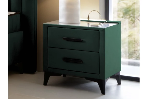 Noční stolek se 2 zásuvkami Joy, tmavě zelená látka