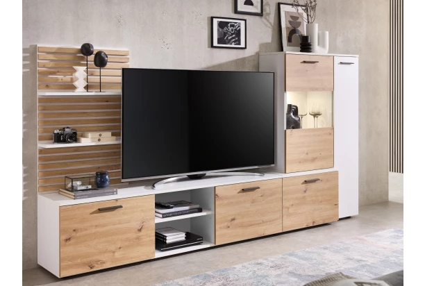 Obývací stěna Heathrow, bílá/dub artisan, s osvětlením