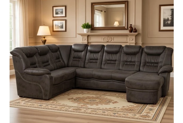 Sedací souprava Elvis U, hnědá látka v optice kůže, s rozkladem