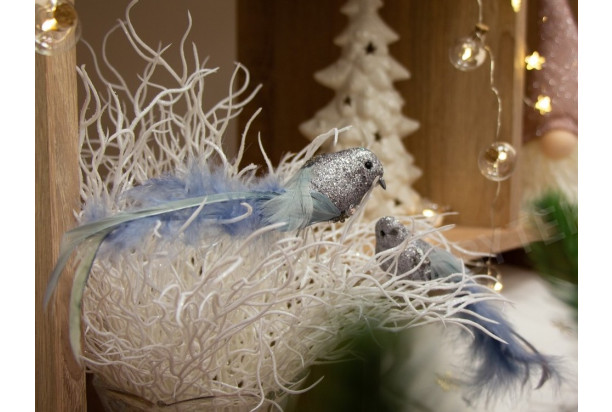 Vánoční ozdoby (2 ks) Stříbrno-modrý ptáček, 15 cm