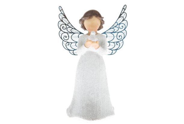 Dekorační soška Anděl s ptáčkem 12 cm, bílý
