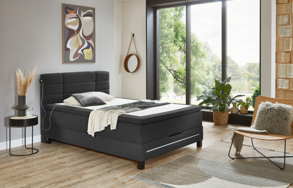 Postel boxspring s osvětlením Jefferson 140x200 cm, antracitová látka ...
