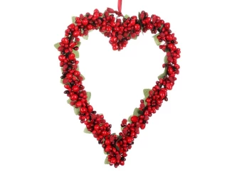 Umělý věnec tvar srdce, červené bobule