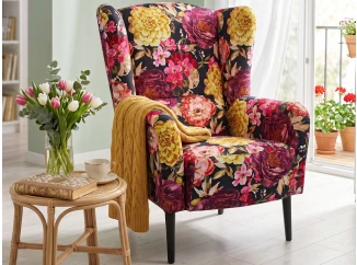 Křeslo ušák Canto, látka s motivem barevných květů