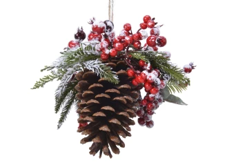 Závěsná vánoční dekorace Šiška s bobulemi, zasněžený efekt