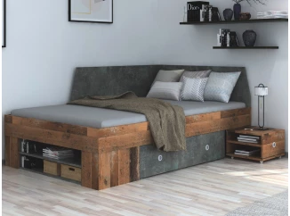 Úložná postel Junior 120x200 cm, vintage optika dřeva/tmavý beton