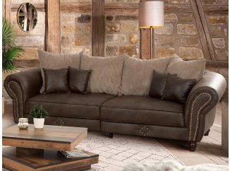 Velká pohovka Carlos, hnědá látka ve vintage optice kůže/béžová strukturovaná látka