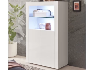 Vysoká skříňka Leeds, bílá lesk, s osvětlením