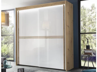 Šatní skříň s osvětlením Imperial, 201 cm, dub artisan/bílé sklo